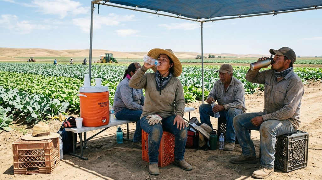 Agricultural field workers sitting under a shade canopy, drinking bottled water from a labeled drinking water dispenser next to a crop field.