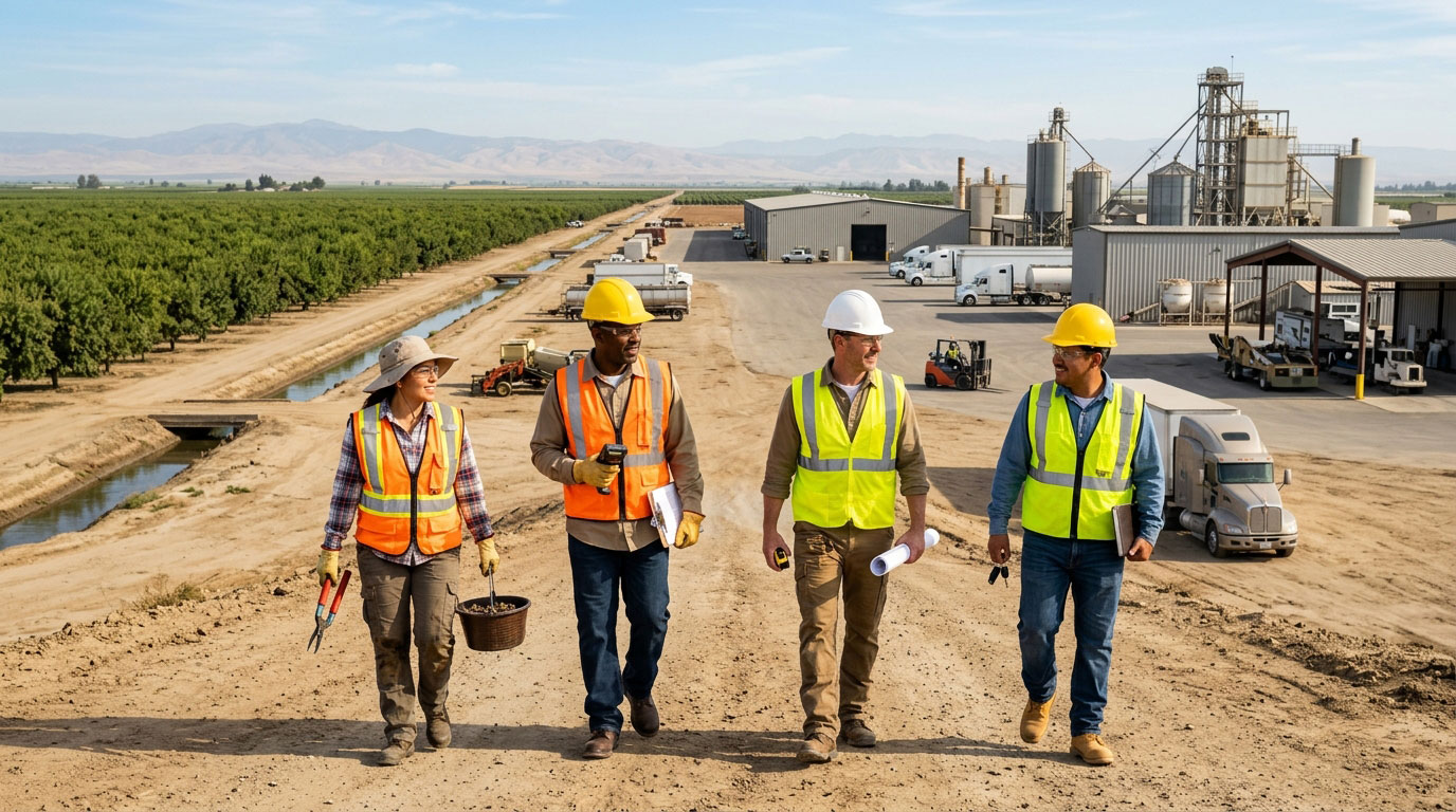 Four agricultural workers and inspectors wearing hardhats and high-visibility vests walking along a dirt path beside an orchard canal and industrial processing plant.
