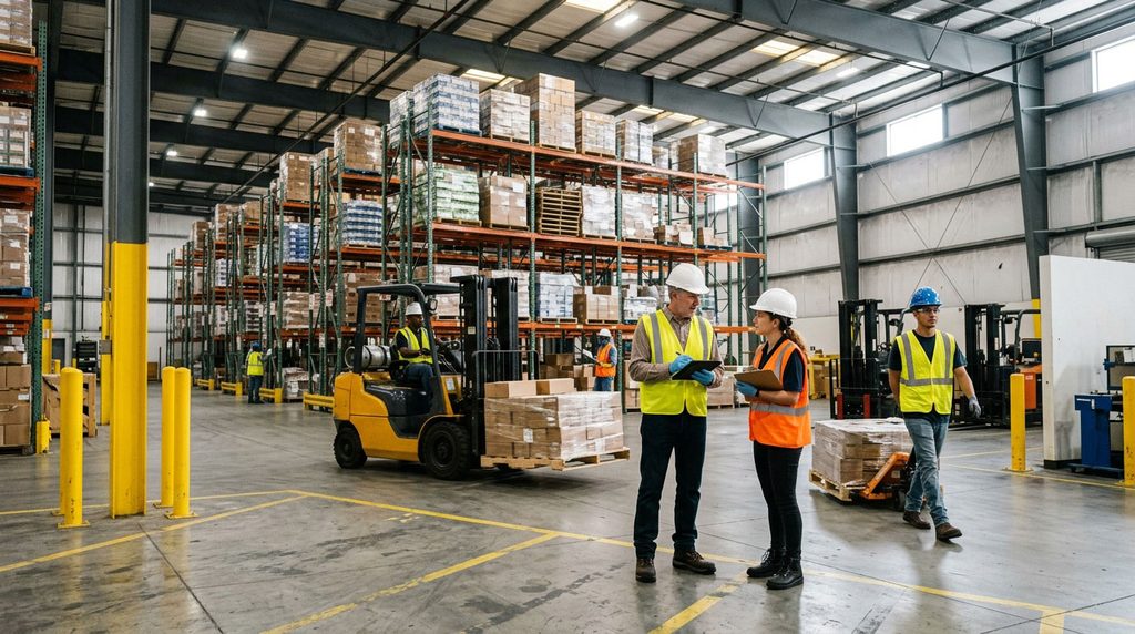 Two warehouse safety supervisors in hardhats and high-visibility vests conducting an inspection with a tablet and clipboard amidst forklifts, pallets, and high-bay shelving.
