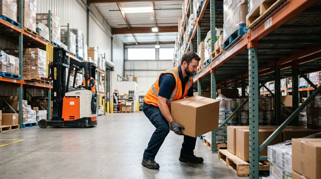 Warehouse worker handling materials safely in California