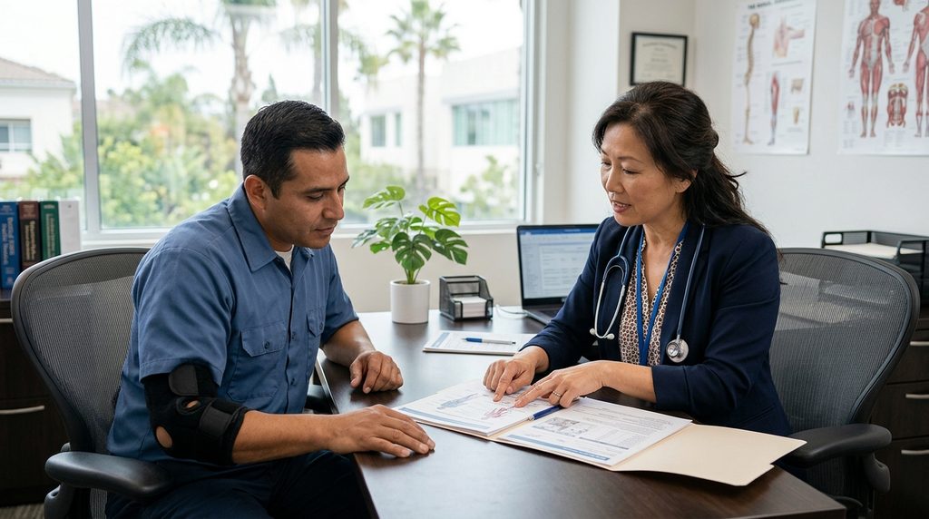 Doctor reviewing treatment for a California workplace injury
