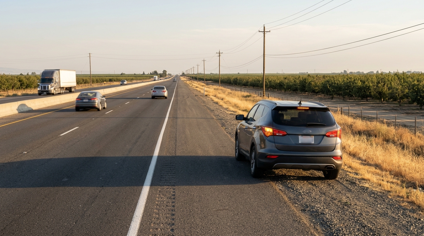 California Move Over Law 2026 illustrated by a disabled vehicle with hazard lights on a Central Valley highway
