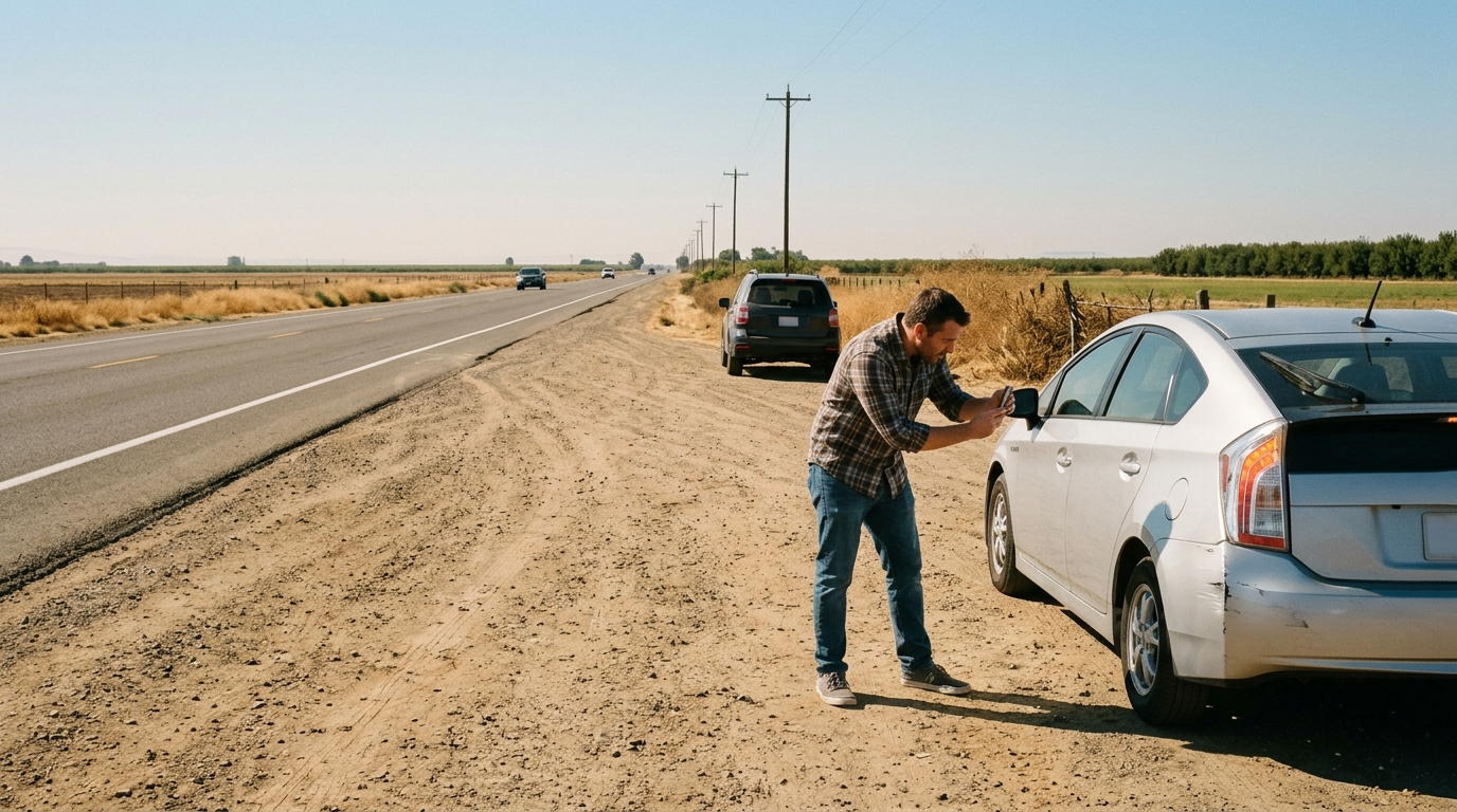 Driver safely documenting vehicle damage and evidence after a Central Valley roadside accident