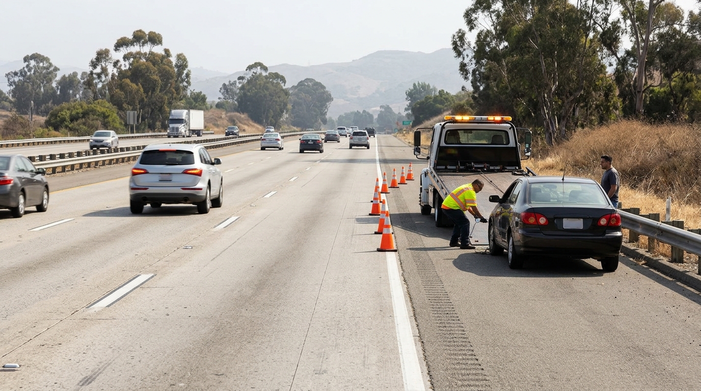 Tow truck assisting a stranded vehicle while passing traffic follows California's Move Over requirements